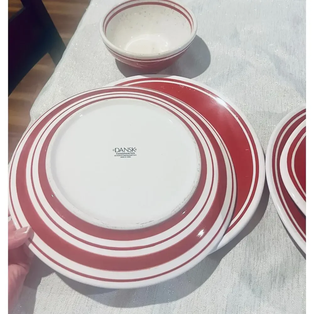 DANSK Circa Red Stoneware.  Hand painted Red & White. Rare vintage pattern. 10pc
